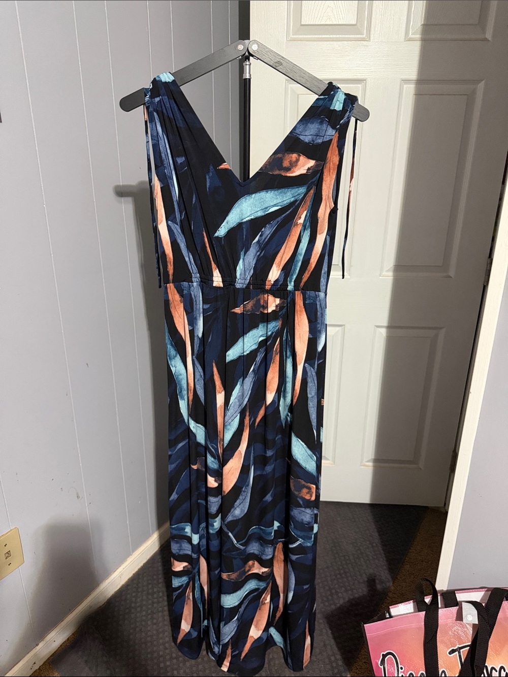 IMAN Navy Maxi Dress with Teal and Peach Wave Print